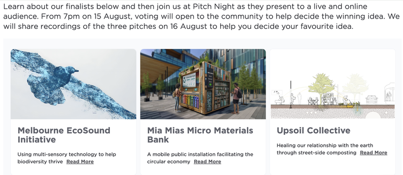 Screenshot of the finalists page on the City of Melbourne website where the public will be able to vote for the project they would like to win the Fishermans Bend Digital Innovation Challenge.